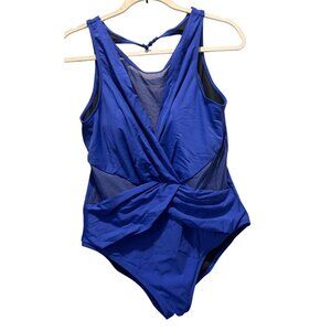 Mesh Panel Crossover One-Piece Swimsuit By Aqua Green Size XL Blue